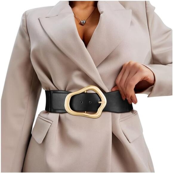 ✨ Wide Black Stretch Belt | Gold-Tone Buckle | Elastic & Leather Waist Cinch - Picture 1 of 3